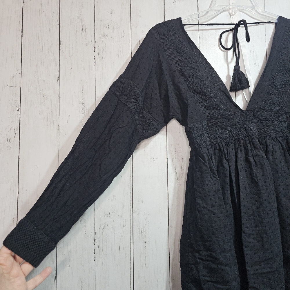 Free People Sugarpie Sexy Black Cotton Swissdot Embroidered Mini Dress Size XS. - Picture 7 of 13